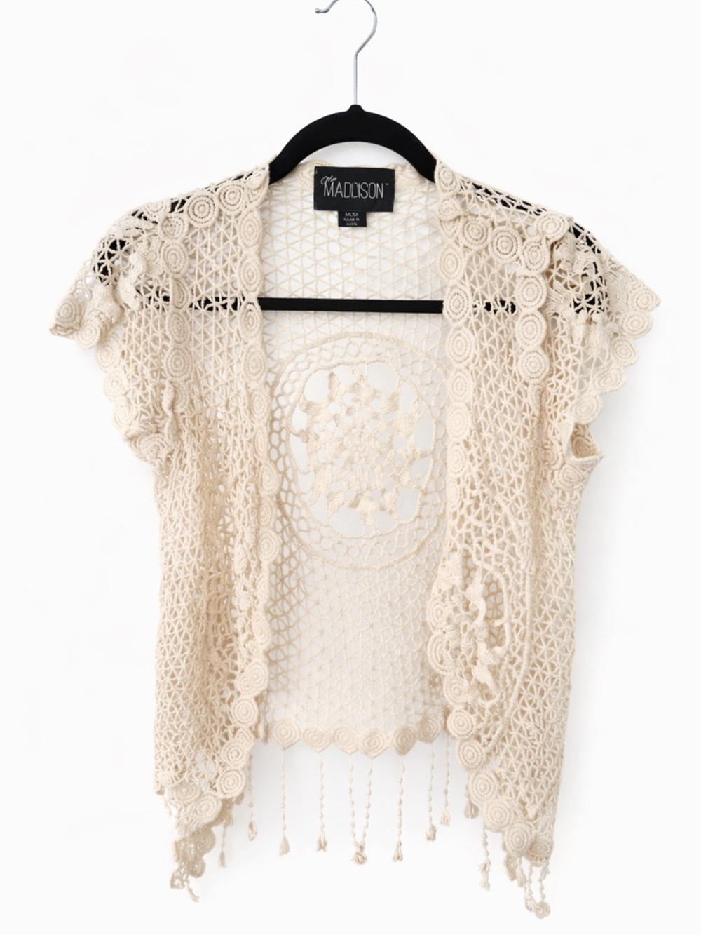 Madison Boho Crochet Lace Kimono Vest Cream Fringe Festival Cover Up M